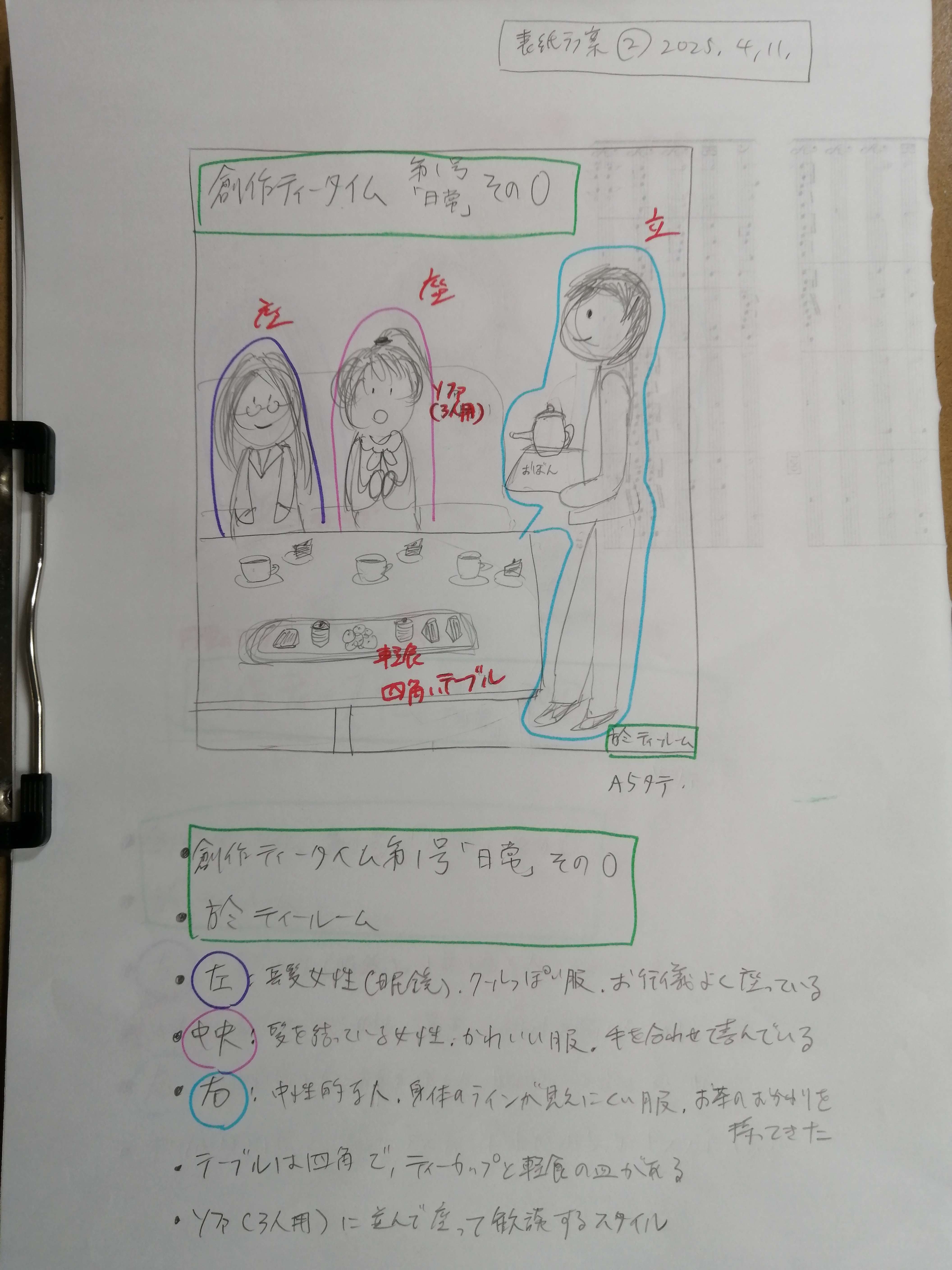 前述の画像と同じ人物がお茶会をしている。内一人が給仕をしている。